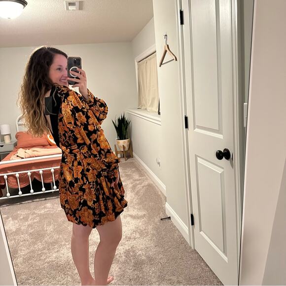 NWT DODO BAR OR Velvet Orange Black Floral Long Sleeve Mini Dress 44 8 - Picture 3 of 11